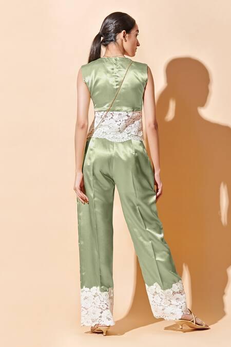 Shop Therealb Green 100% Polyester, 100% Viscose Lace Round Embellished Pant Set at Aza Fashions Shop_Therealb_Green 100% Polyester, 100% Viscose Lace Round Embellished Pant Set _at_Aza_Fashions