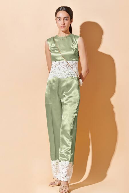 Therealb Green 100% Polyester, 100% Viscose Lace Round Embellished Pant Set Online at Aza Fashions Therealb_Green 100% Polyester, 100% Viscose Lace Round Embellished Pant Set _Online_at_Aza_Fashions