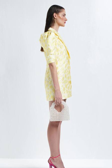 Buy Therealb Yellow Polyester Floral Notched Lapel Collar Woven Dress Online at Aza Fashions Buy_Therealb_Yellow Polyester Floral Notched Lapel Collar Woven Dress _Online_at_Aza_Fashions