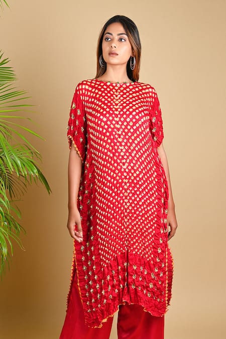 Dyelogue Red Gajji Silk Round Bandhani Kurta