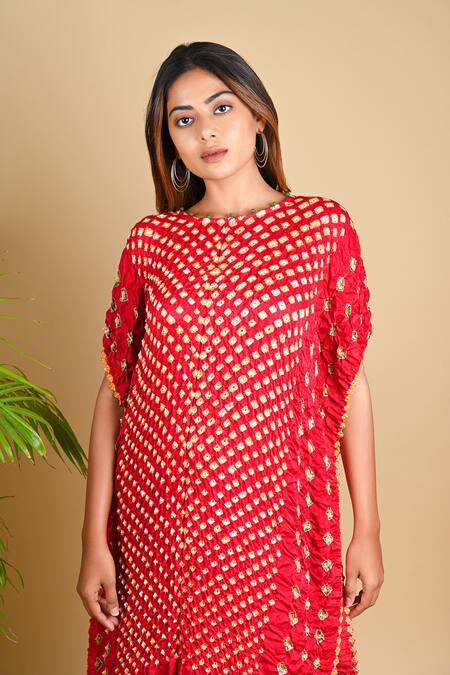 Shop_Dyelogue_Red Gajji Silk Round Bandhani Kurta _Online_at_Aza_Fashions