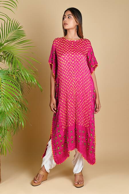 Buy_Dyelogue_Pink Gajji Silk Round Bandhani Kurta _at_Aza_Fashions