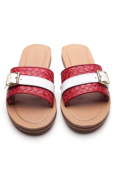 Shop Tissr Red Textured Buckle Strap Sliders at Aza Fashions Shop_Tissr_Red Textured Buckle Strap Sliders_at_Aza_Fashions