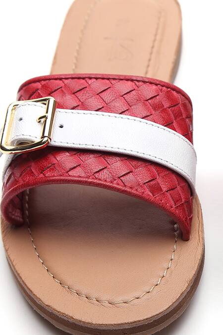 Buy Tissr Red Textured Buckle Strap Sliders Online at Aza Fashions Buy_Tissr_Red Textured Buckle Strap Sliders_Online_at_Aza_Fashions