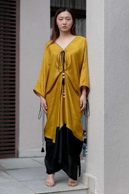 Shop Kavya Singh Kundu Yellow Silk V-neck Freya Flared Kaftan Online at Aza Fashions Shop_Kavya Singh Kundu_Yellow Silk V-neck Freya Flared Kaftan _Online_at_Aza_Fashions