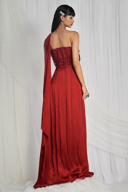 Shop Mala And Kinnary Red 100% Pure Satin Chiffon Asymmetric Embellished Saree Gown at Aza Fashions Shop_Mala And Kinnary_Red 100% Pure Satin Chiffon Asymmetric Embellished Saree Gown_at_Aza_Fashions