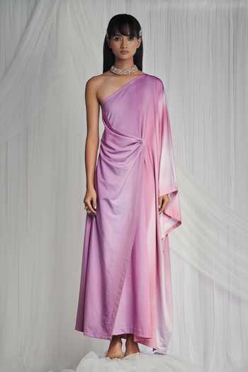Mala And Kinnary_Pink Thick Lycra Asymmetric Draped One Shoulder Gown_Online_at_Aza_Fashions