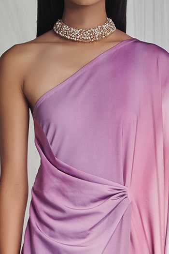 Buy_Mala And Kinnary_Pink Thick Lycra Asymmetric Draped One Shoulder Gown_Online_at_Aza_Fashions