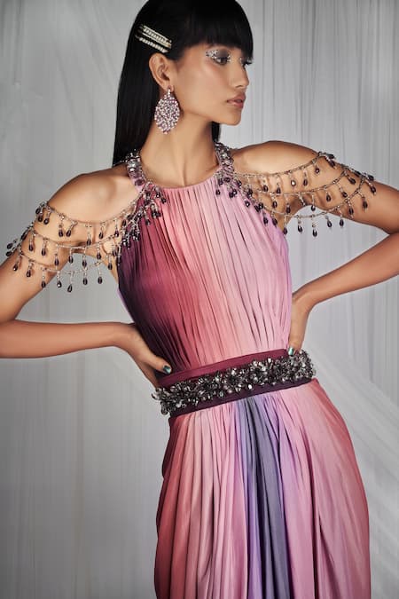 Mala And Kinnary_Pink 100% Pure Habutai Silk Round Pleated Gown_Online_at_Aza_Fashions