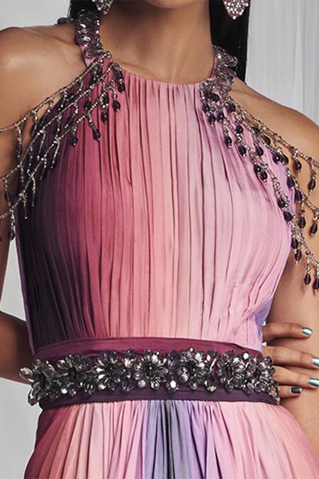 Buy_Mala And Kinnary_Pink 100% Pure Habutai Silk Round Pleated Gown_Online_at_Aza_Fashions