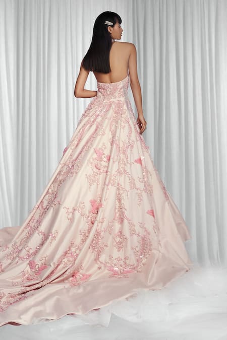Mala And Kinnary_Pink Tulle, Taffeta V Neck Embellished Gown_Online_at_Aza_Fashions