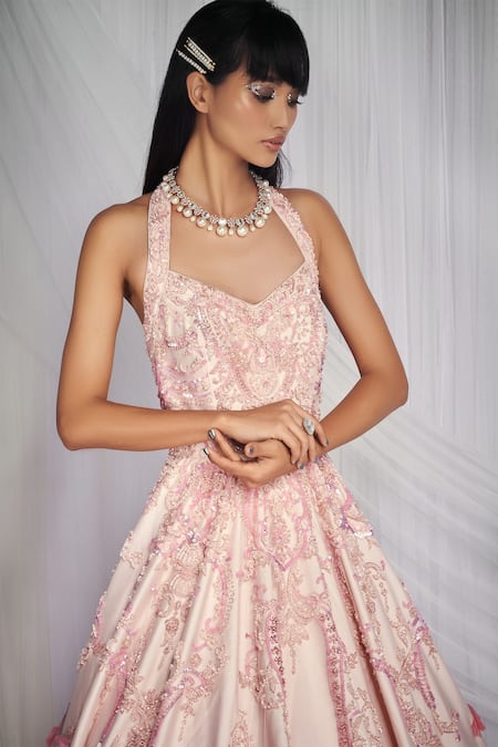 Buy_Mala And Kinnary_Pink Tulle, Taffeta V Neck Embellished Gown_Online_at_Aza_Fashions