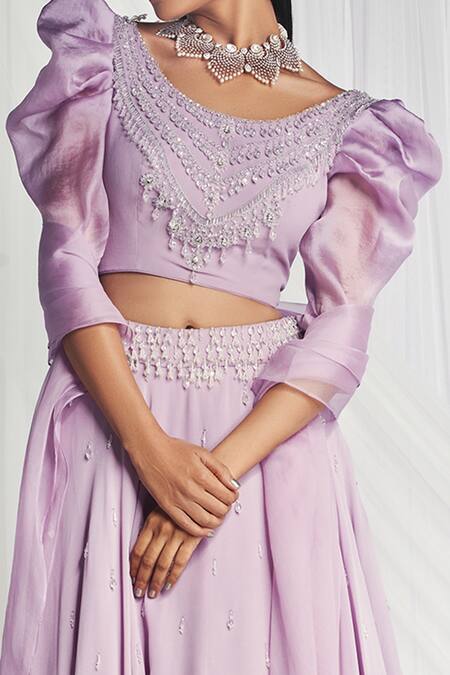 Mala And Kinnary_Purple Georgette, Dupatta Organza Scoop Neck Layered Lehenga Set_Online_at_Aza_Fashions