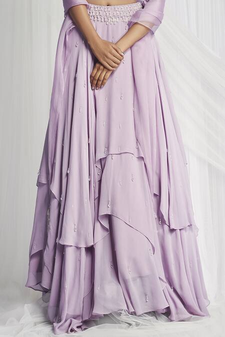 Buy_Mala And Kinnary_Purple Georgette, Dupatta Organza Scoop Neck Layered Lehenga Set_Online_at_Aza_Fashions