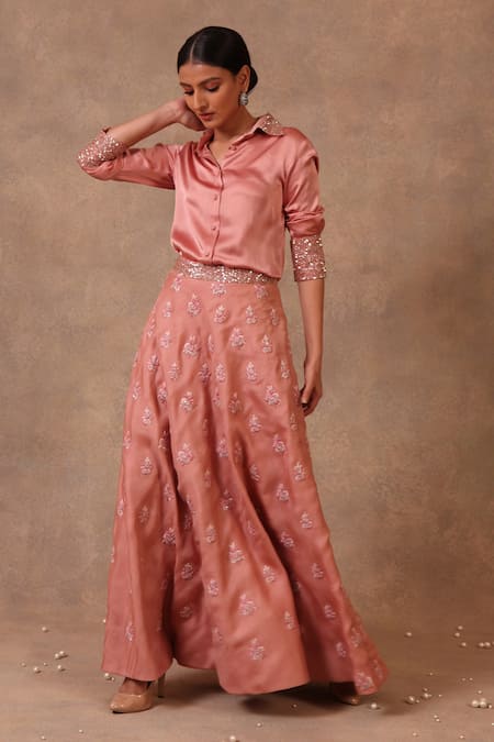 Trisvaraa Pink Pure Silk Organza Shirt Collar Lehenga Set 