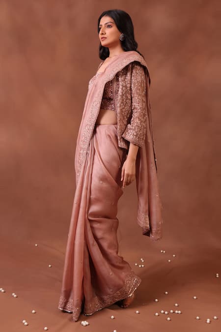 Trisvaraa_Brown Pure Silk Organza Open Saree With Jacket_Online_at_Aza_Fashions