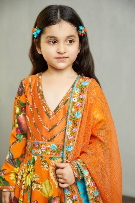 Torani_Orange Handloom Cotton, Cotton, Chanderi Santree Mastani Anarkali With Dupatta _Online_at_Aza_Fashions