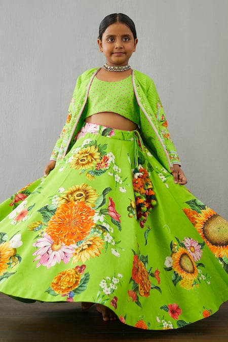Buy Kids Girls Green Foil Printed Crop Top N Skirt With Jacket Wedding Wear  Online at Best Price | Cbazaar