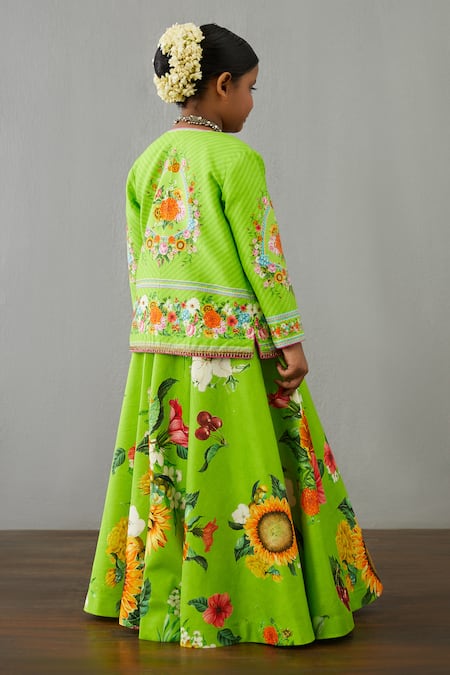 Shop Torani Green Chanderi, Cotton Embroidery Angoori Guncha Jacket And Lehenga Set at Aza Fashions Shop_Torani_Green Chanderi, Cotton Embroidery Angoori Guncha Jacket And Lehenga Set _at_Aza_Fashions