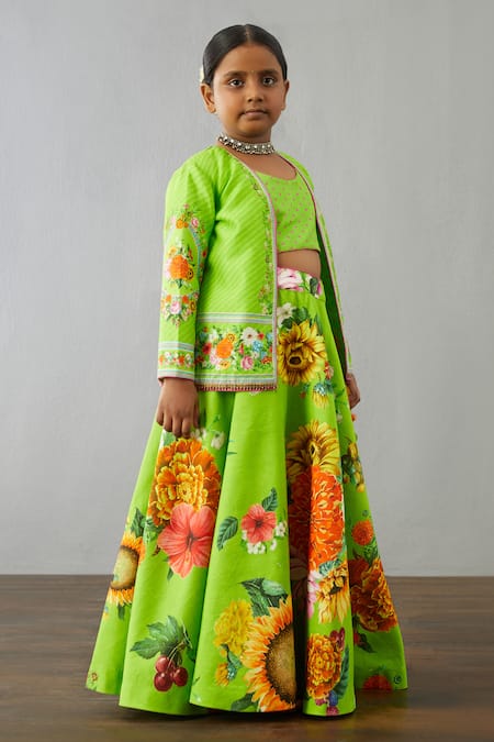 Torani Green Chanderi, Cotton Embroidery Angoori Guncha Jacket And Lehenga Set Online at Aza Fashions Torani_Green Chanderi, Cotton Embroidery Angoori Guncha Jacket And Lehenga Set _Online_at_Aza_Fashions