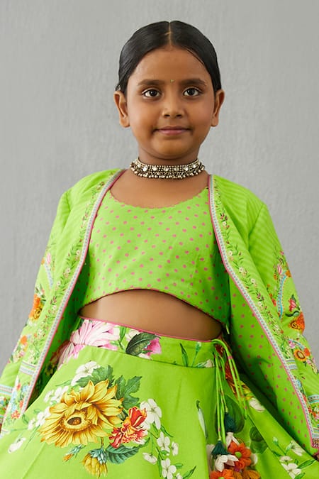 Shop Torani Green Chanderi, Cotton Embroidery Angoori Guncha Jacket And Lehenga Set Online at Aza Fashions Shop_Torani_Green Chanderi, Cotton Embroidery Angoori Guncha Jacket And Lehenga Set _Online_at_Aza_Fashions