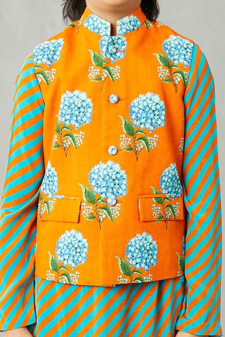 Torani_Orange Cotton, Silk Embroidery Floral Motif Bundi And Striped Kurta Set _Online_at_Aza_Fashions