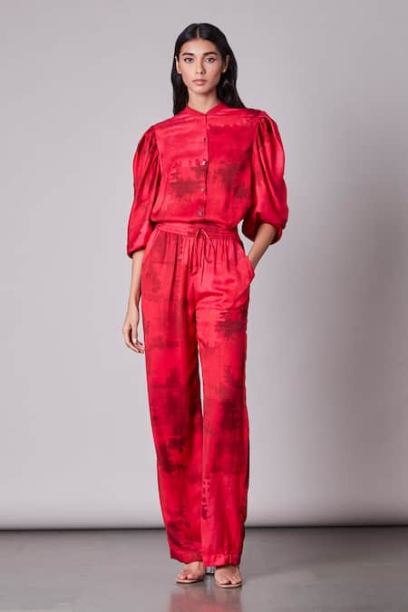 Buy Red Solid Artificial Silk Pant AS44937