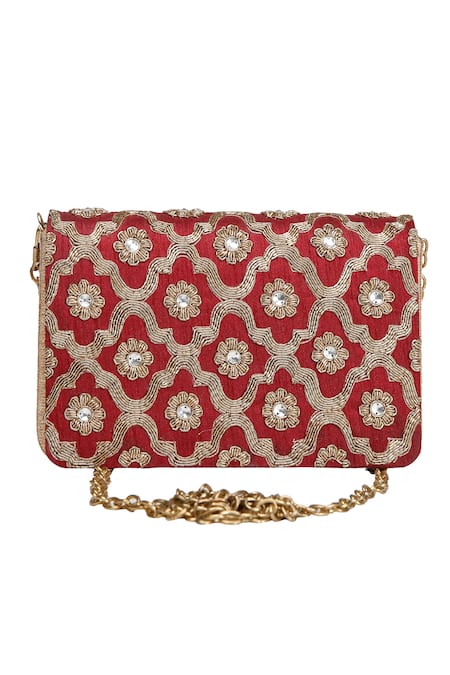 The Purple Sack Maroon Embroidery Flap Clutch With Sling
