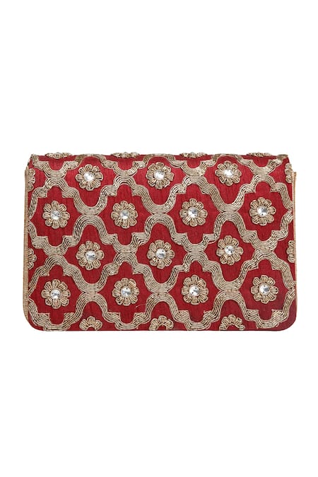 Shop The Purple Sack Maroon Embroidery Flap Clutch With Sling at Aza Fashions Shop_The Purple Sack_Maroon Embroidery Flap Clutch With Sling _at_Aza_Fashions