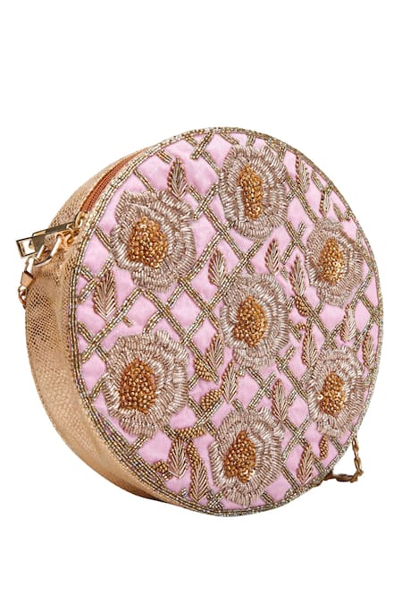 Shop The Purple Sack Pink Embroidery Circular Bag With Sling at Aza Fashions Shop_The Purple Sack_Pink Embroidery Circular Bag With Sling _at_Aza_Fashions