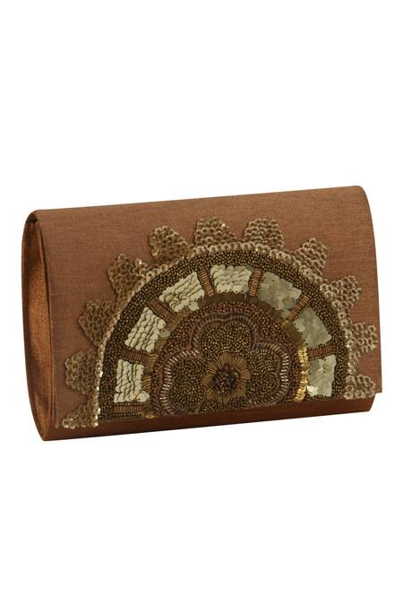 The Purple Sack_Brown Embroidery Flap Clutch With Sling _Online_at_Aza_Fashions