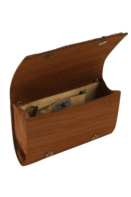 Buy_The Purple Sack_Brown Embroidery Flap Clutch With Sling _Online_at_Aza_Fashions