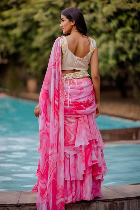 Shop Nikita Vishakha Pink Saree Georgette Blouse Raw Silk Glass Beads Tiered With Sleeveless at Aza Fashions Shop_Nikita Vishakha_Pink Saree Georgette Blouse Raw Silk Glass Beads Tiered With Sleeveless_at_Aza_Fashions