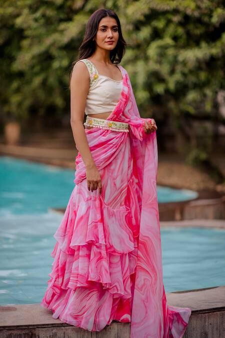 Nikita Vishakha Pink Saree Georgette Blouse Raw Silk Glass Beads Tiered With Sleeveless Online at Aza Fashions Nikita Vishakha_Pink Saree Georgette Blouse Raw Silk Glass Beads Tiered With Sleeveless_Online_at_Aza_Fashions
