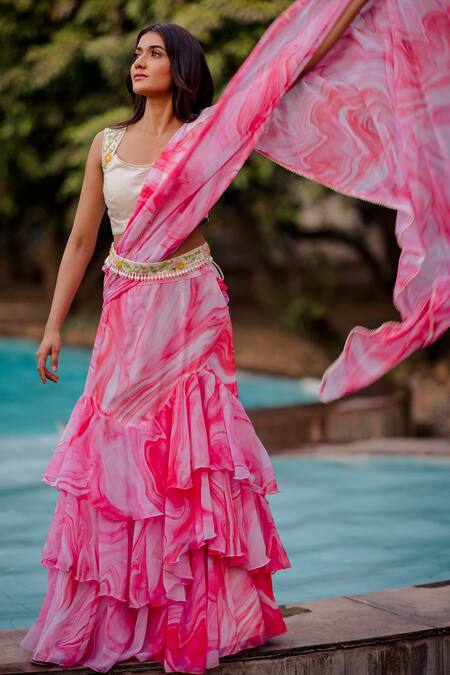 Buy Nikita Vishakha Pink Saree Georgette Blouse Raw Silk Glass Beads Tiered With Sleeveless Online at Aza Fashions Buy_Nikita Vishakha_Pink Saree Georgette Blouse Raw Silk Glass Beads Tiered With Sleeveless_Online_at_Aza_Fashions