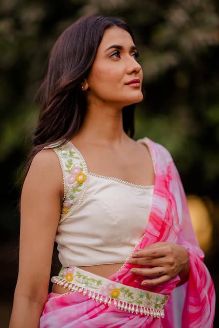 Shop Nikita Vishakha Pink Saree Georgette Blouse Raw Silk Glass Beads Tiered With Sleeveless Online at Aza Fashions Shop_Nikita Vishakha_Pink Saree Georgette Blouse Raw Silk Glass Beads Tiered With Sleeveless_Online_at_Aza_Fashions