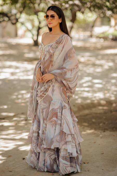 Shop_Nikita Vishakha_Brown Saree Georgette Blouse Raw Silk Dori Tiered With Embroidered _Online_at_Aza_Fashions