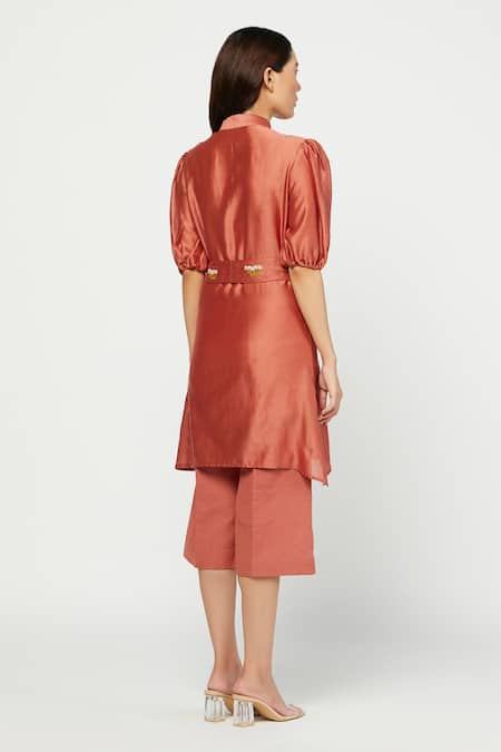 Shop Meadow Orange Silk Chanderi Stand Collar Tunic And Linen Pant Set at Aza Fashions Shop_Meadow_Orange Silk Chanderi Stand Collar Tunic And Linen Pant Set _at_Aza_Fashions