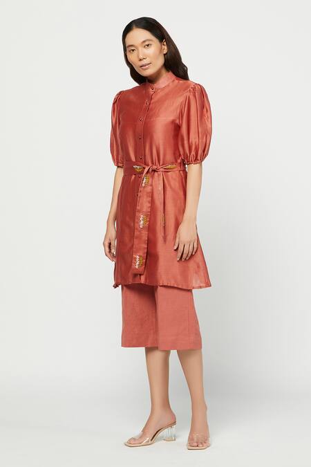 Buy Meadow Orange Silk Chanderi Stand Collar Tunic And Linen Pant Set Online at Aza Fashions Buy_Meadow_Orange Silk Chanderi Stand Collar Tunic And Linen Pant Set _Online_at_Aza_Fashions