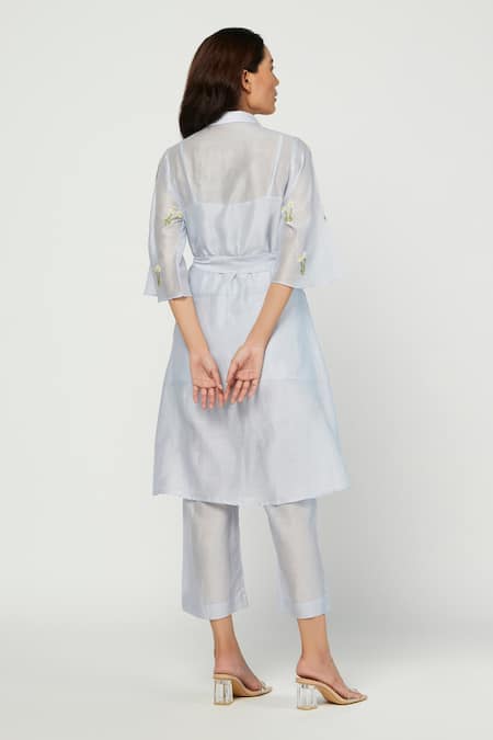 Shop_Meadow_Blue Silk Chanderi Spread Collar Tunic And Pant Set _at_Aza_Fashions