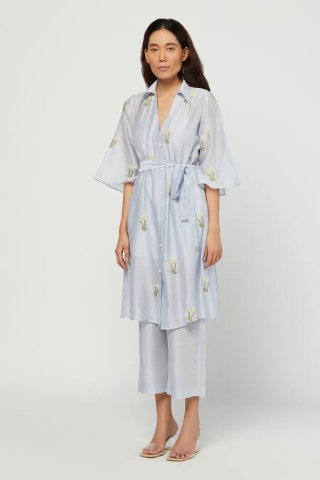 Meadow_Blue Silk Chanderi Spread Collar Tunic And Pant Set _Online_at_Aza_Fashions