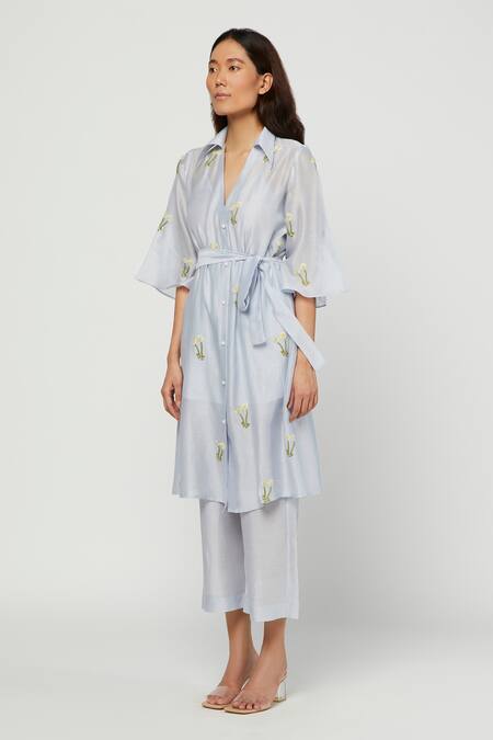 Buy_Meadow_Blue Silk Chanderi Spread Collar Tunic And Pant Set _Online_at_Aza_Fashions