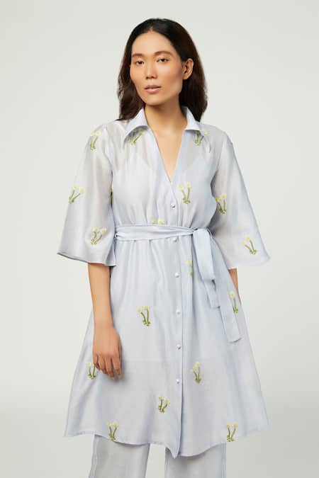 Shop_Meadow_Blue Silk Chanderi Spread Collar Tunic And Pant Set _Online_at_Aza_Fashions