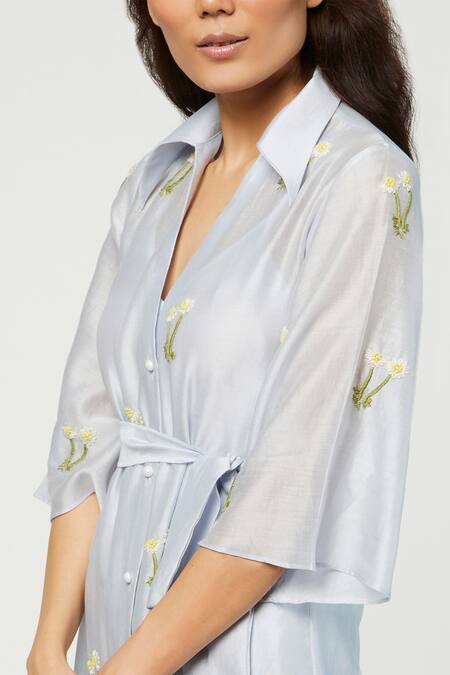 Meadow_Blue Silk Chanderi Spread Collar Tunic And Pant Set _at_Aza_Fashions