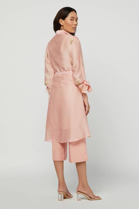 Shop Meadow Pink Linen, Silk Chanderi Spread Collar Tunic And Pant Set at Aza Fashions Shop_Meadow_Pink Linen, Silk Chanderi Spread Collar Tunic And Pant Set _at_Aza_Fashions