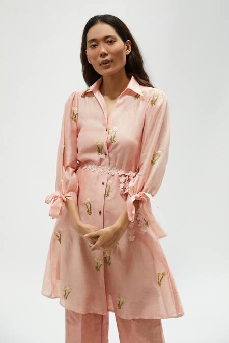 Meadow Pink Linen, Silk Chanderi Spread Collar Tunic And Pant Set Online at Aza Fashions Meadow_Pink Linen, Silk Chanderi Spread Collar Tunic And Pant Set _Online_at_Aza_Fashions
