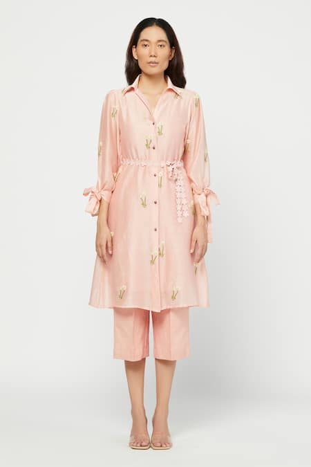 Buy Meadow Pink Linen, Silk Chanderi Spread Collar Tunic And Pant Set Online at Aza Fashions Buy_Meadow_Pink Linen, Silk Chanderi Spread Collar Tunic And Pant Set _Online_at_Aza_Fashions