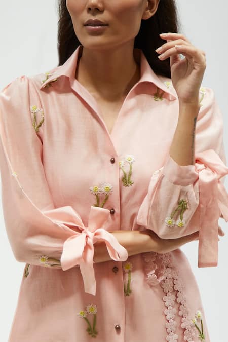 Shop Meadow Pink Linen, Silk Chanderi Spread Collar Tunic And Pant Set Online at Aza Fashions Shop_Meadow_Pink Linen, Silk Chanderi Spread Collar Tunic And Pant Set _Online_at_Aza_Fashions