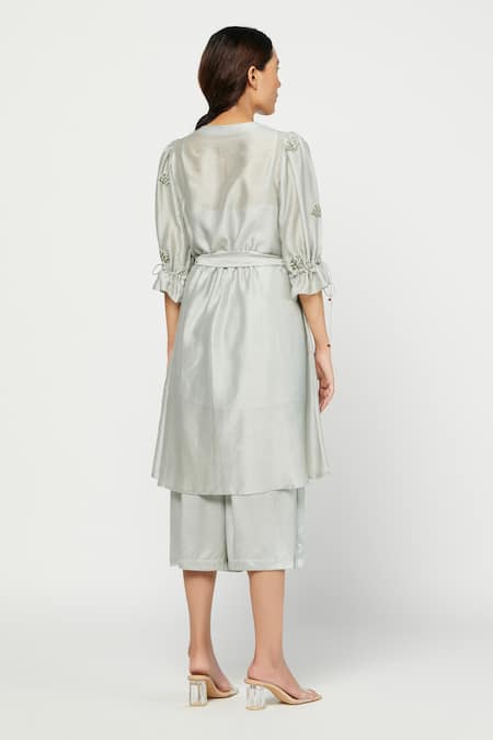 Shop Meadow Green Silk Chanderi V Neck Tunic And Cotton Satin Pant Set at Aza Fashions Shop_Meadow_Green Silk Chanderi V Neck Tunic And Cotton Satin Pant Set _at_Aza_Fashions