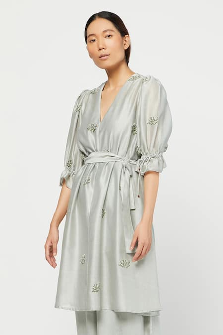 Buy Meadow Green Silk Chanderi V Neck Tunic And Cotton Satin Pant Set Online at Aza Fashions Buy_Meadow_Green Silk Chanderi V Neck Tunic And Cotton Satin Pant Set _Online_at_Aza_Fashions